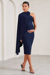 Navy Asymmetric Maternity Midi Dress With Cape